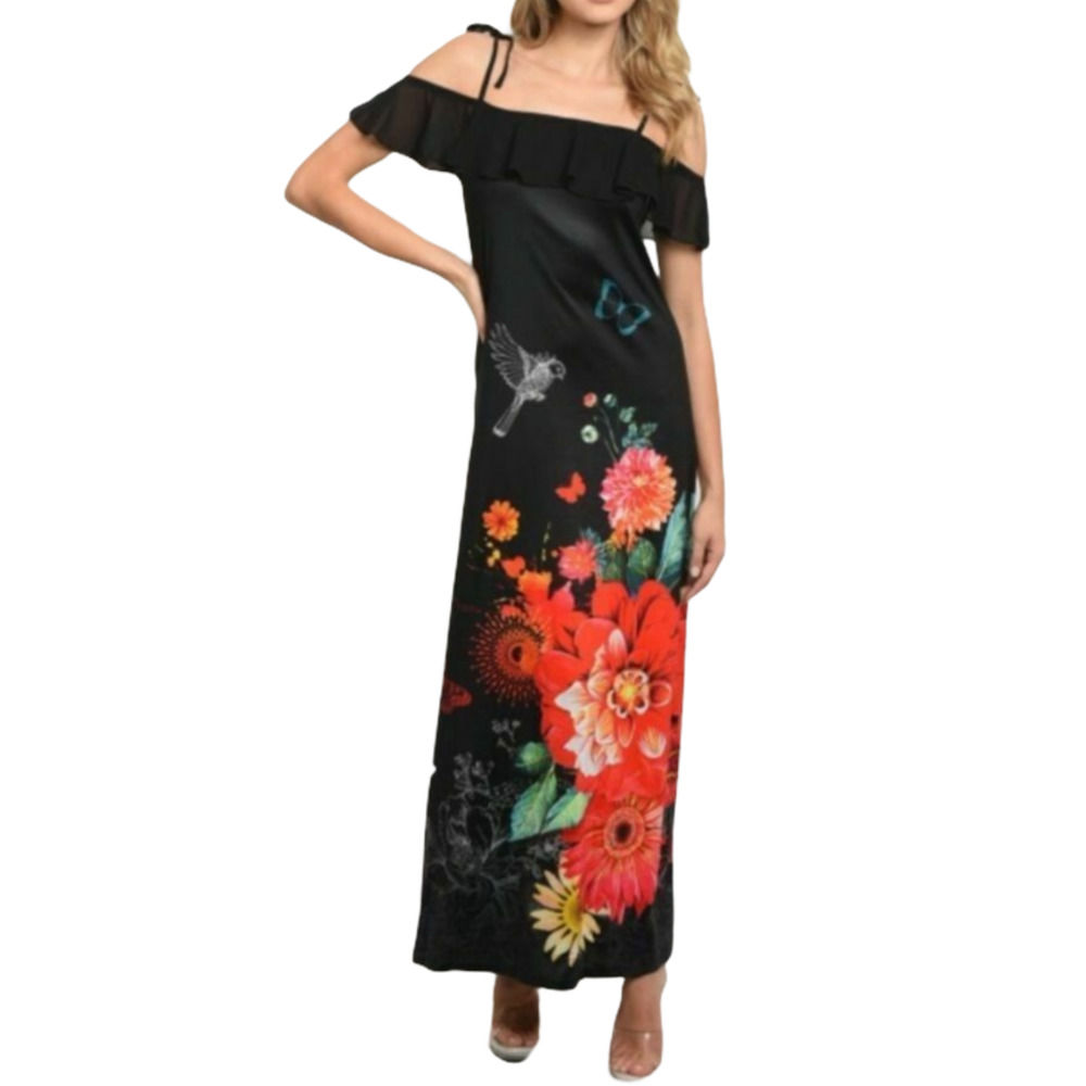 TWELFTH LOVE Maxi Dress Black Floral Off-Shoulder - Picture 2 of 9